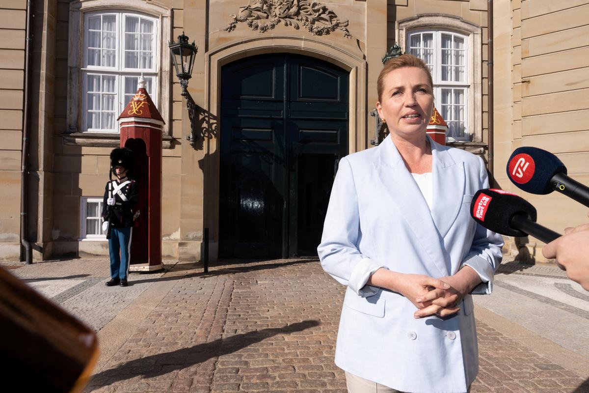 Denmark's Prime Minister Mette Frederiksen speaks to the media after a meeting with Denmark's King Frederik at Amalienborg in Copenhagen, Denmark, Friday, May 8, 2026. Emil Nicolai Helms/Ritzau Scanpix/via REUTERS
