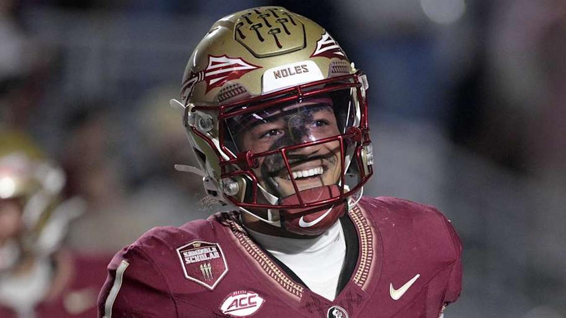  Nov 1, 2025; Tallahassee, Florida, USA; Florida State Seminoles quarterback Tommy Castellanos (1) celebrates a touchdown during the second half against the Wake Forest Demon Deacons at Doak S. Campbell Stadium. Mandatory Credit: Melina Myers-Imagn Images | Melina Myers-Imagn Images 