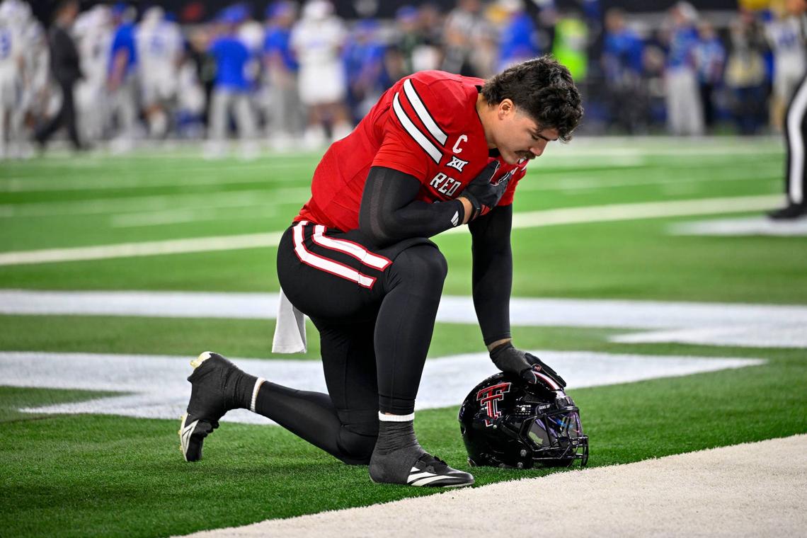  Texas Tech Red Raiders linebacker Jacob Rodriguez kneels on the field before the Big 12 Championship Game against the BYU Cougars in Arlington, Texas, on Dec. 6, 2025. Jerome Miron-Imagn Images