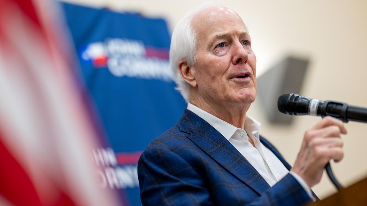 Texas Sen. Cornyn Campaigns For Reelection Ahead On Eve Of Republican Primary. Senator John Cornyn (R-TX) speaks during a campaign rally on March 02, 2026 in Schertz, Texas. 