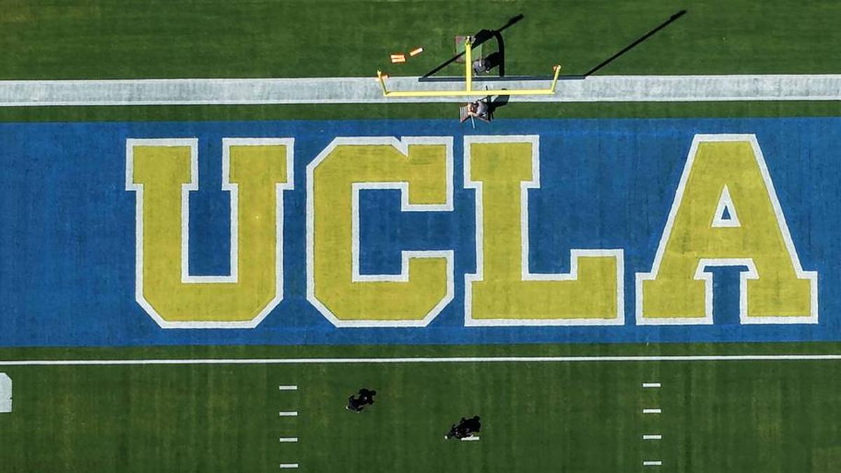  May 2, 2026; Pasadena, CA, USA; A general overall view of the UCLA Bruins logo in the end zone at the Rose Bowl. Mandatory Credit: Kirby Lee-Imagn Images | Kirby Lee-Imagn Images 