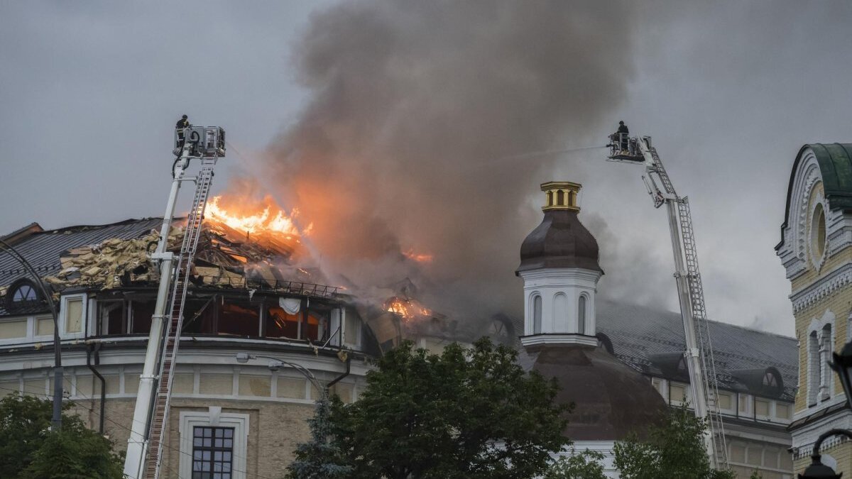 Ukrainian firefighters battle a blaze at the Mystetskyi Arsenal National Art and Culture Museum complex in Kyiv early Monday after it was struck by a "Shahed"-type attack drone during a night-long Russian airborne assault on the capital that killed at least four people. Photo by Maxym Marusenko/EPA