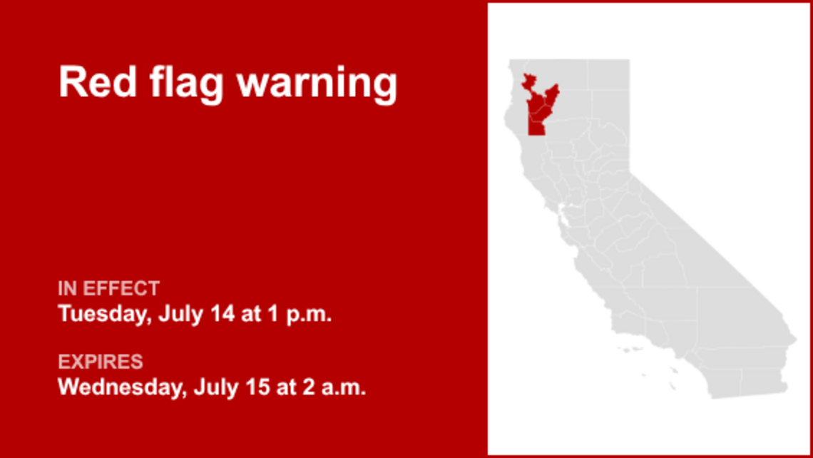 Red flag warning issued for Northern California for Tuesday and Wednesday, says the NWS 