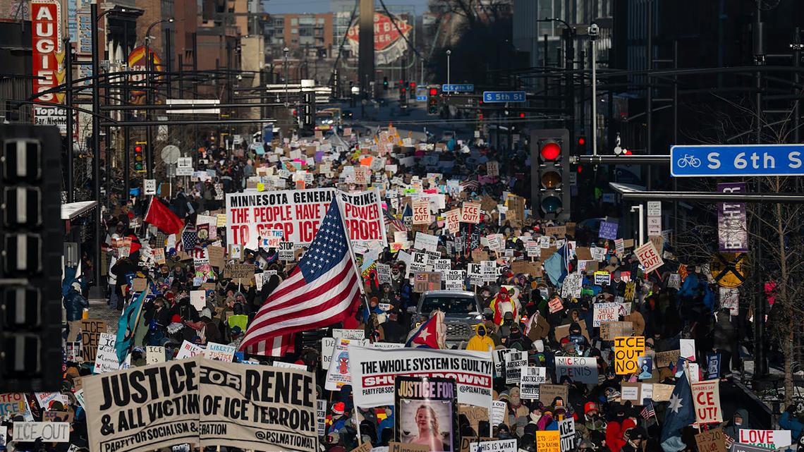 Thousands of people march down Hennepin Avenue in downtown Minneapolis, Minnesota on Jan. 23, 2026, protesting Operation Metro Surge in minus-10-degree weather. (Alex Kormann/The Minnesota Star Tribune/TNS)