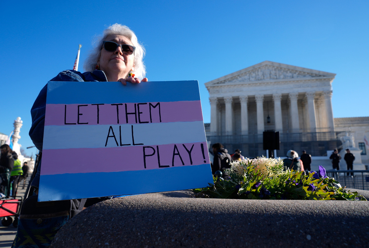 Demonstrators rally outside of the Supreme Court as the justices hear oral arguments in two cases related to transgender athlete participation in sports in Washington, DC, on Jan. 13, 2026.