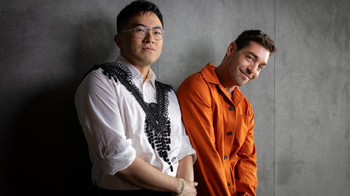 Los Angeles , CA - June 02, 2026 : Bowen Yang (left) and Matt Rogers creators of the Las Culturistas Culture Awards pose for a portrait on Tuesday, June 2, 2026 in Los Angeles , CA. (Jason Armond / Los Angeles Times)