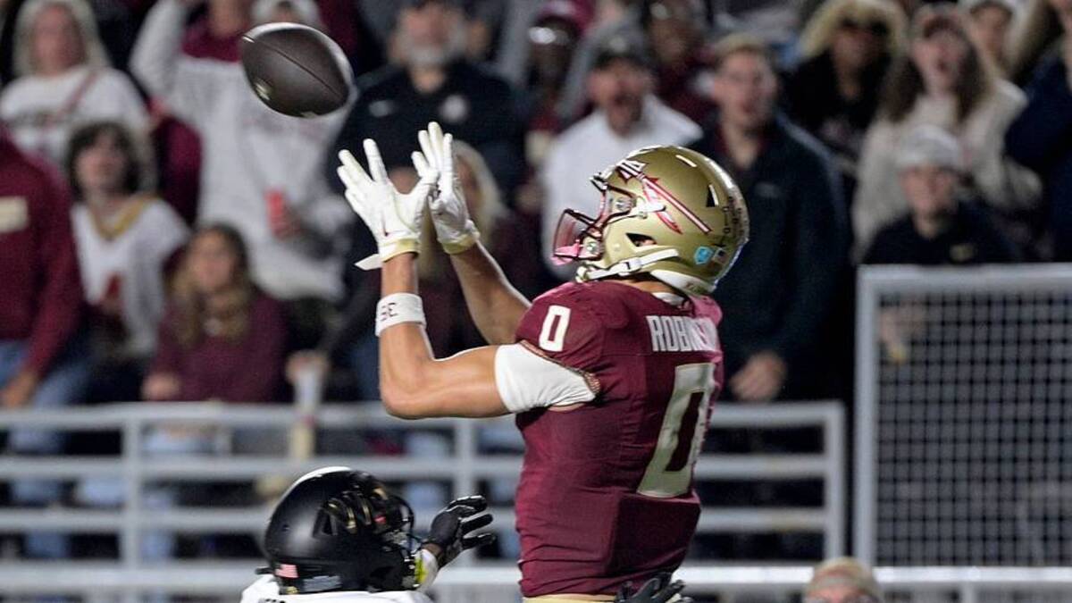  Nov 1, 2025; Tallahassee, Florida, USA; Florida State Seminoles wide receiver Duce Robinson (0) catches a pass during the second half against the Wake Forest Demon Deacons at Doak S. Campbell Stadium. Mandatory Credit: Melina Myers-Imagn Images | IMAGN IMAGES via Reuters Connect 