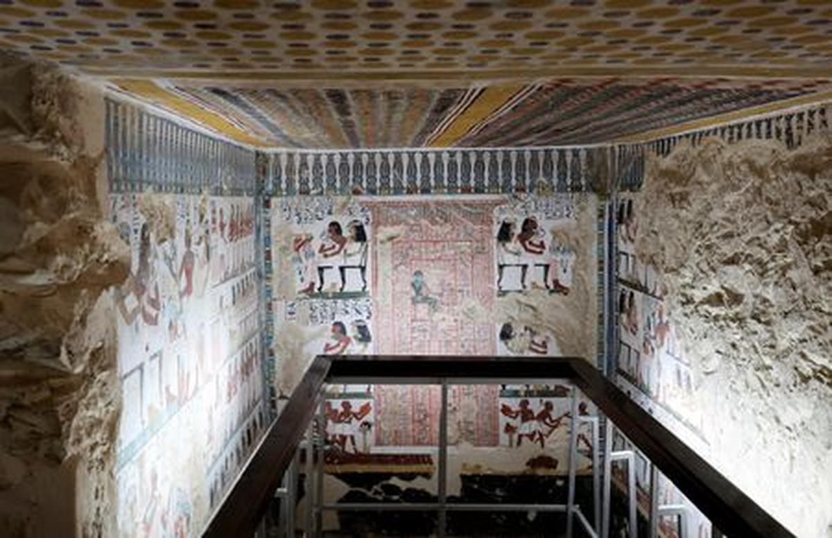 Ancient Egyptian paintings are visible on the newly restored tomb wall, inside the recently restored ancient "Samut" (TT417) in the El-Khokha necropolis on the west bank of the Nile in Luxor, where Egyptian authorities have announced the completion of restoration work on two 18th Dynasty tombs belonging to Amenhotep Rabuia and his son Samut, dating back to the reigns of Pharaohs Thutmose III and Thutmose IV, that contain scenes illustrating daily life, funerary practices, and religious imagery from ancient Egypt, in Egypt, May 14, 2026. REUTERS/Mohamed Abd El Ghany