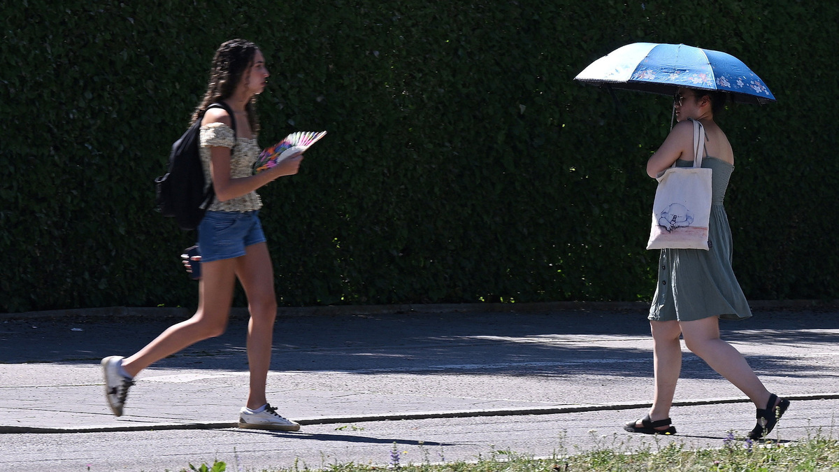 People use umbrellas and fans to protect themselves from high temperatures in Munich, Germany, June 26, 2026. REUTERS/Angelika Warmuth