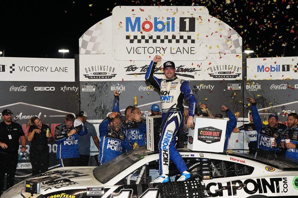 NASCAR Cup Series driver Chase Briscoe celebrates Sunday after winning the Cook Out Southern 500 at Darlington Raceway in Darlington, S.C.