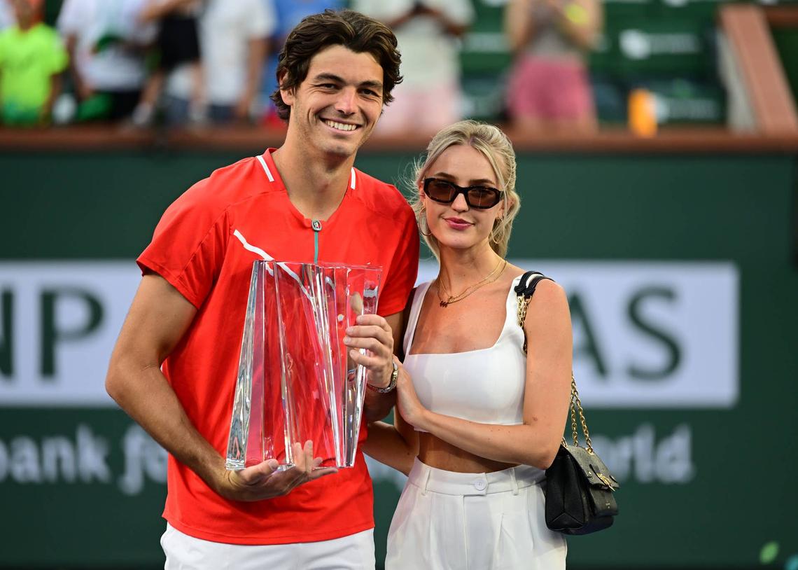  Mar 20, 2022; Indian Wells, CA, USA; Taylor Fritz (USA) with his girlfriend Morgan Riddle after defeating Rafael Nadal (ESP) in the men's final at the BNP Paribas Open at the Indian Wells Tennis Garden. Mandatory Credit: Jayne Kamin-Oncea-USA TODAY Sports 