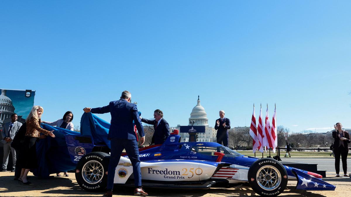 U.S. Secretary of Transportation Sean Duffy, Interior Secretary Doug Burgum, District of Columbia Mayor Muriel Bowser and IndyCar Series officials unveil the Freedom 250 Grand Prix race course outside the U.S. Capitol in Washington, D.C., U.S., March 9, 2026. REUTERS/Evelyn Hockstein