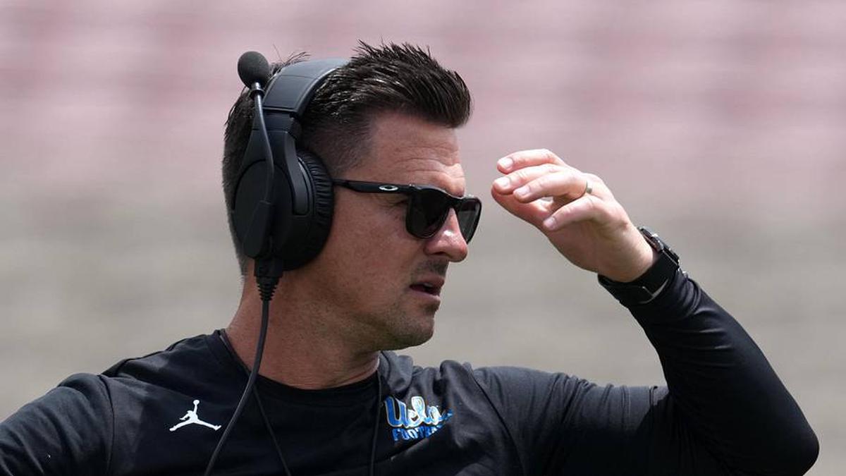 May 2, 2026; Pasadena, CA, USA; UCLA Bruins coach Bob Chesney reacts during the spring game at Rose Bowl. Mandatory Credit: Kirby Lee-Imagn Images | Kirby Lee-Imagn Images 