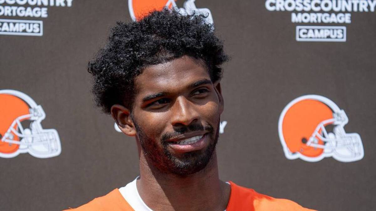  Shedeur Sanders answers media questions at the end of the Browns mini camp in Berea on April 21, 2026. | USA TODAY Network via Reuters Connect 