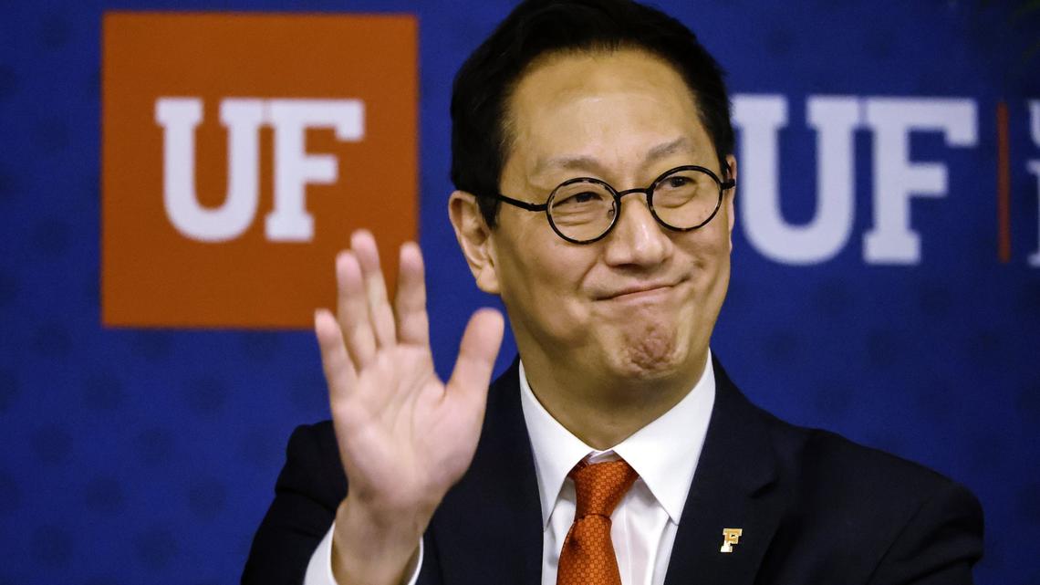 Santa Ono attends a faculty forum while visiting the University of Florida on May 6. While UF’s Board of Trustees has voted to confirm Ono as its next president, the state’s Board of Governors will hold its final vote on Tuesday.