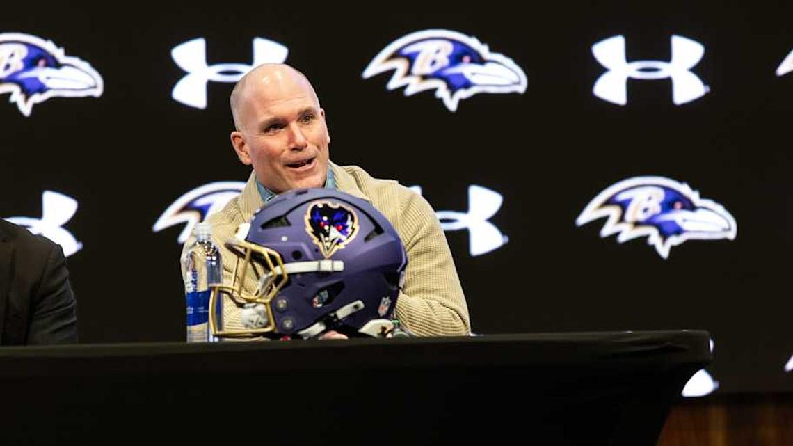  Jan 29, 2026; Owings Mills, MD, USA; Eric DeCosta at press conference discussing future of Baltimore Ravens at Under Armour Performance Center. | Lexi Thompson-Imagn Images 