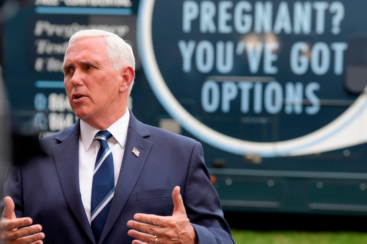 Former Vice President Mike Pence speaks to reporters after touring a mobile ultrasound unit on Thursday, May 5, 2022, in Spartanburg, S.C. Pence made his second trip to the state in less than a week to headline a fundraiser for a crisis pregnancy center in early-voting South Carolina as he continues to mull a possible 2024 presidential bid.