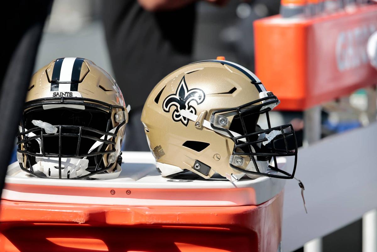  FOXBOROUGH, MA - SEPTEMBER 26: Saints helmets during a game between the New England Patriots and the New Orleans Saints on September 26, 2021 at Gillette Stadium in Foxborough, Massachusetts. (Photo by Fred Kfoury III/Icon Sportswire via Getty Images) 