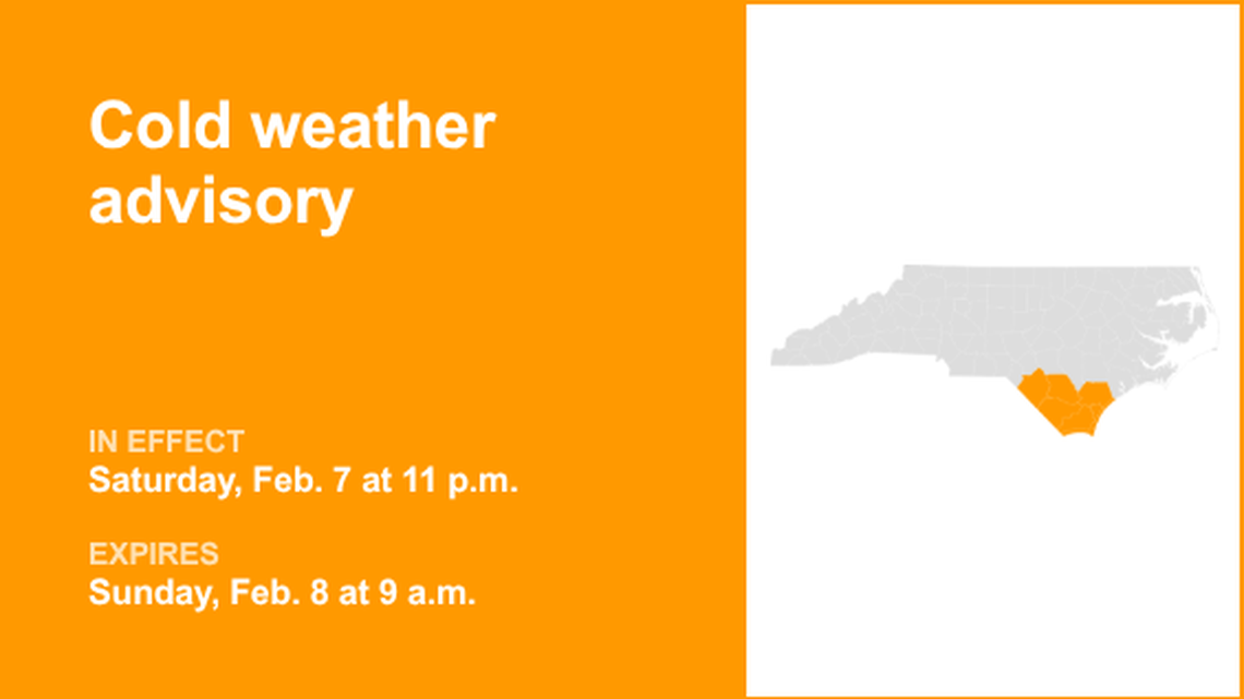 UPDATE: The current cold weather advisory for Eastern North Carolina will be expiring at 9 a.m. 
