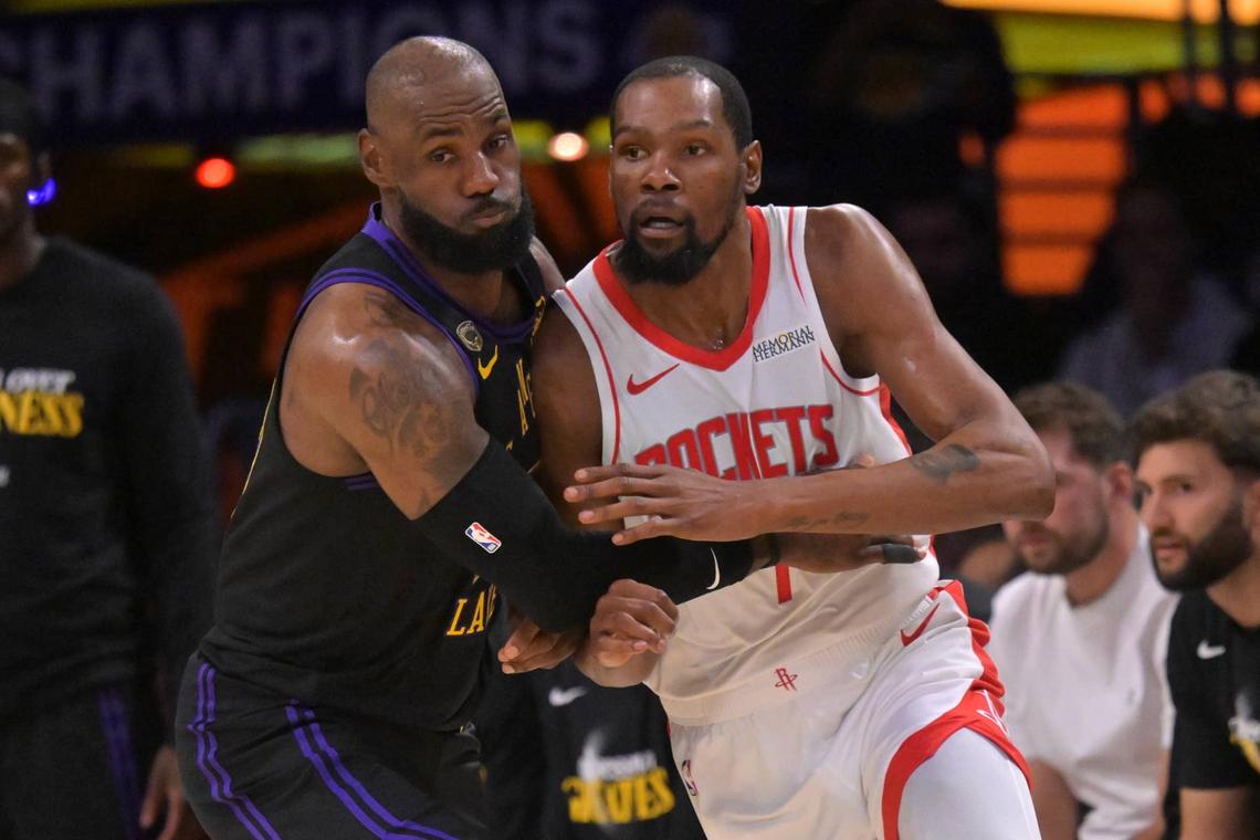  Los Angeles Lakers forward LeBron James defends Houston Rockets forward Kevin Durant during their playoff game at Crypto.com Arena on April 21, 2026. Jayne Kamin-Oncea-Imagn Images
