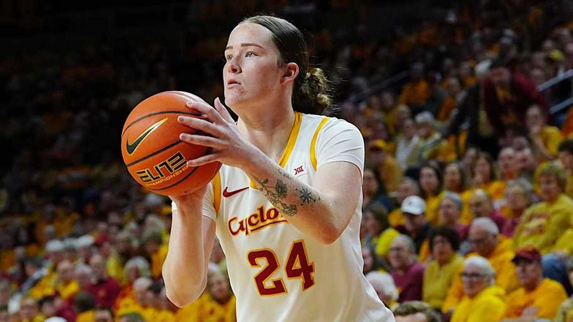  Iowa State Cyclones' forward Addy Brown (24) takes a three-point shot against Oklahoma State Cowgirls during the first quarter in the senior day women basketball at Hilton Coliseum on February. 25, 2026, in Ames, Iowa. | Nirmalendu Majumdar/Ames Tribune / USA TODAY NETWORK via Imagn Images 