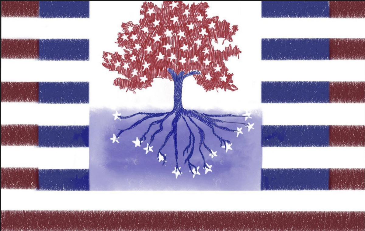 Soeun K. is a 12th grader from Troy, Michigan. "One of the great bedrocks of America’s identity is liberty and freedom. These foundational ideas are explained through colors of red, white and blue representations in The Stars and Stripes: red with hardiness and valor, white with purity and innocence, and blue with perseverance and justice. Hardiness and valor gave motives of revolutionary war, purity, and innocence desired puritans to settle in new nation breaking away from monarchy, and perseverance and justice powered overall survival of the new nation. Therefore, in my newly designed flag of United States, I kept three colors of The Star and Stripes as it is greatly symbolizing nation’s motifs. Similar to colors explaining why America’s identity is liberty and freedom, liberty tree, a famous elm tree in Boston is another significant symbolism of liberty. Liberty tree once was a meeting place of The Sons of Liberty to protest against British in 1765, where ideas of freedom became stronger. As American colonists gathered around the elm tree, the nation’s idea of freedom and liberty grew like a tree. In my newly designed flag, liberty tree is strongly rooted in the center emphasizing the bedrocks of America. And in the root, the 13 stars representing the original 13 colonies located. Starting with the 13 colonies, strongly rooted in the new land, other 37 colonies (37 stars on the tree) bloomed along with the foundational ideas of 13 colonies. To summarize, 13 stars rooted in liberty tree represent starting idea of 13 colonies finding new land seeking for freedom. And as the nation grew and Americans successfully resisted against British under the protection of the liberty tree, the 50 states formed, shaping America today."