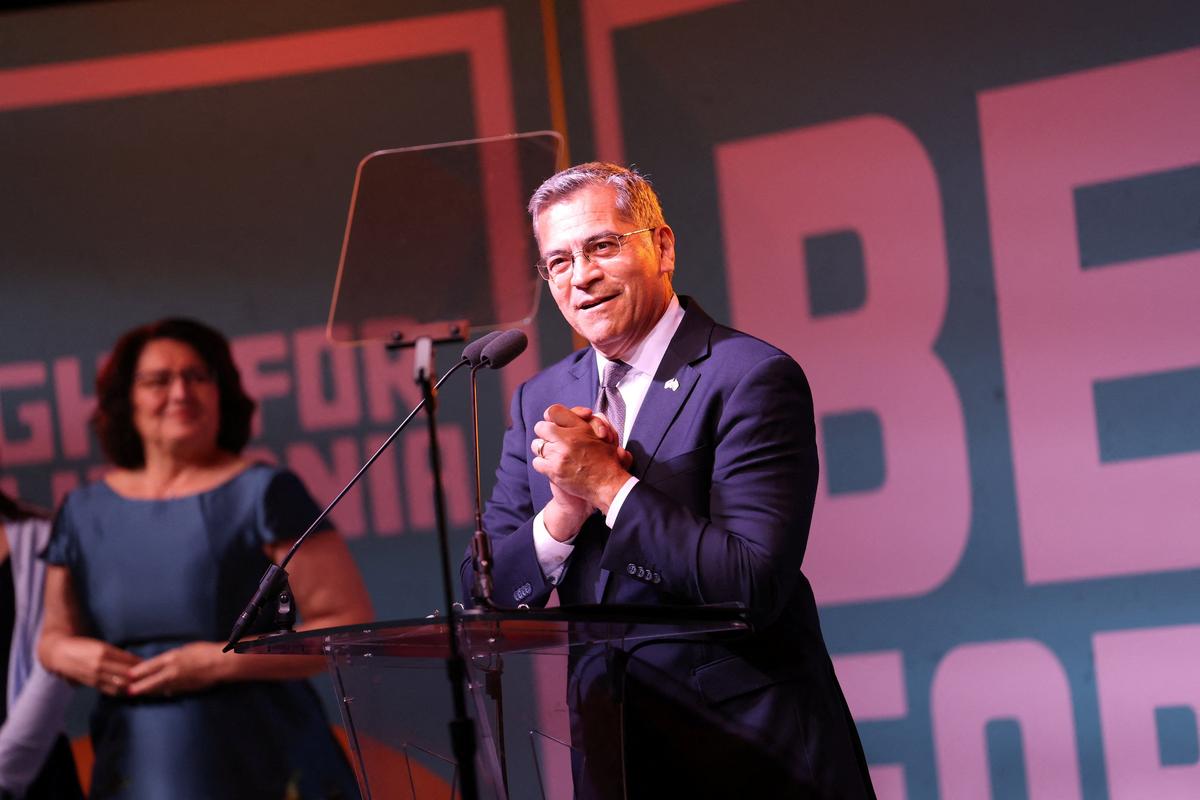 Democratic candidate Xavier Becerra speaks on election night for the 2026 California gubernatorial primary at his election night watch party, in Los Angeles, California, U.S. June 2, 2026.   REUTERS/Aude Guerrucci