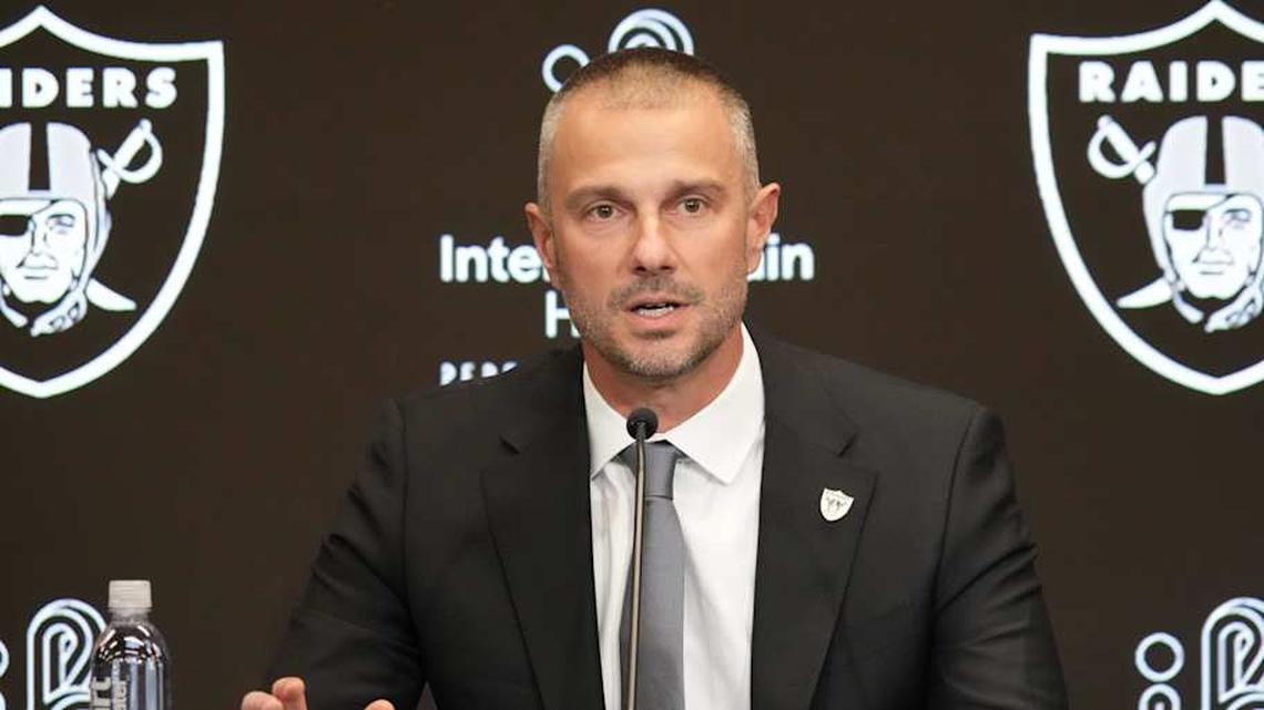  Jan 27, 2025; Las Vegas, NV, USA; Las Vegas Raiders general manager John Spytek at press conference at Intermountain Health Performance Center. Mandatory Credit: Kirby Lee-Imagn Images | Kirby Lee-Imagn Images 