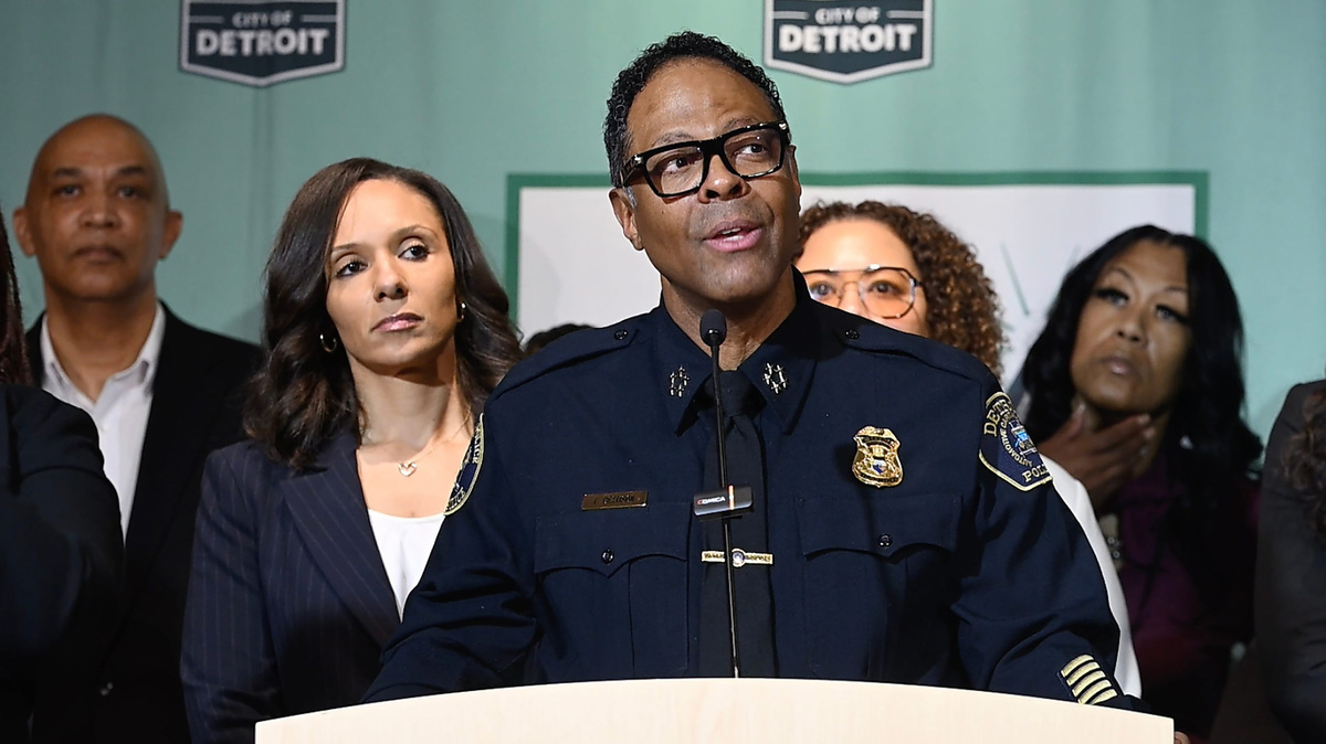Detroit Police Chief Todd Bettison, middle, describes a six-point community safety plan as Mayor Mary Sheffield, second from left, listens on Thursday, April 16, 2026. Two new initiatives included in the plan are the creation of Neighborhood Safety Action Teams to identify problems and a Conflict Resolution & Restorative Practices Task Force. (Clarence Tabb Jr./The Detroit News/TNS)
