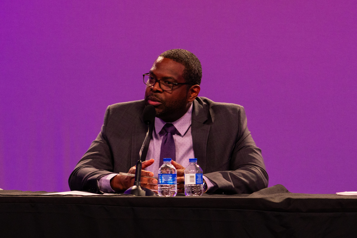 Leon County School Board District 5 candidate and incumbent Marcus Bernard Nicolas participates in a candidate forum with his opponents on Tuesday, June 23, 2026.