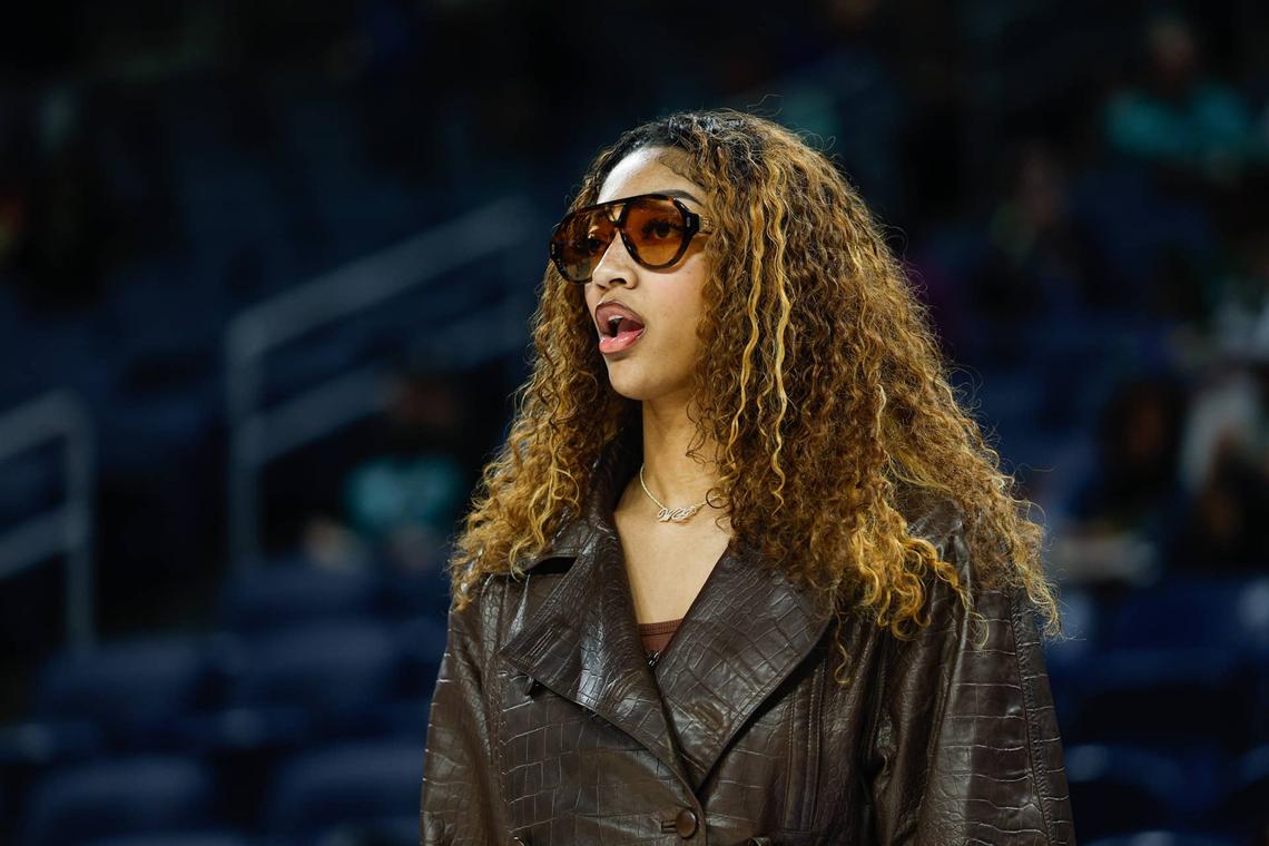  Angel Reese stands on the sideline before a game between the Chicago Sky and New York Liberty at Wintrust Arena on Sept. 11, 2025. Kamil Krzaczynski-Imagn Images