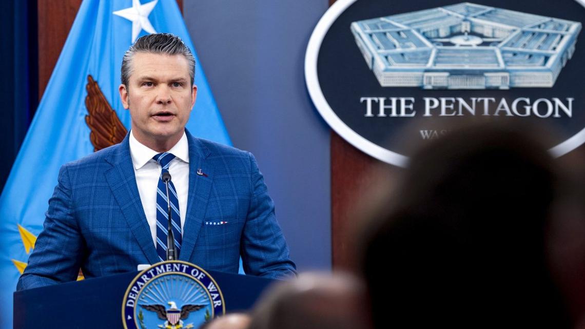 Secretary of Defense Pete Hegseth speaks during a press briefing April 8 at the Pentagon in Arlington, Va. House Democrats on Wednesday introduced articles of impeachment against Hegseth for his handling of the war in Iran as well as the Department of Defense. Photo by Bonnie Cash/UPI