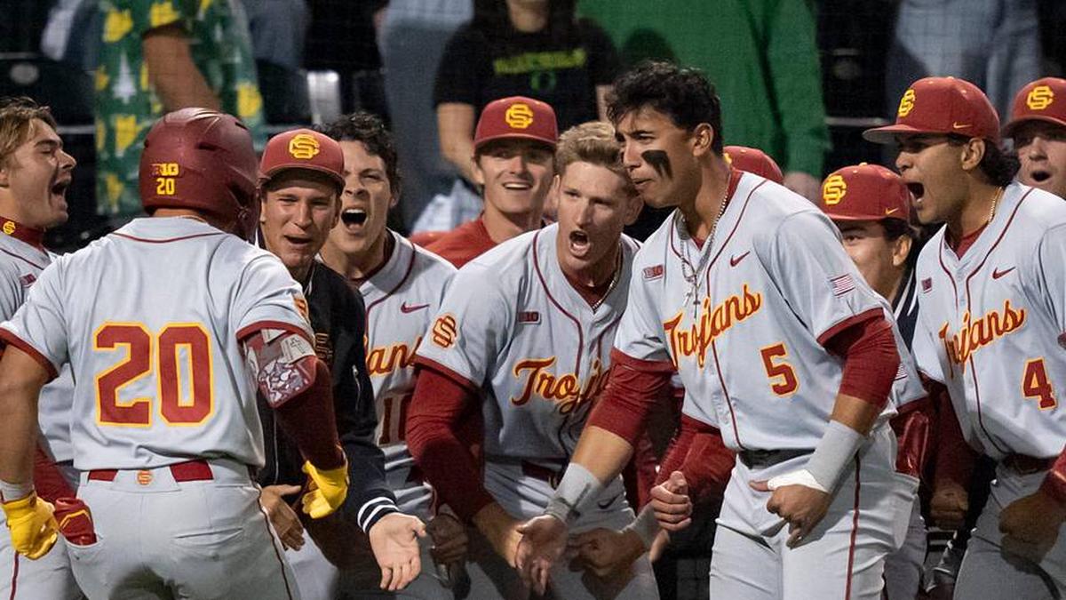  USC celebrates a home run by Isaac Cadena (20) as the Oregon Ducks host the USC Trojans on May 14, 2026, in Eugene, Oregon. | Ben Lonergan/The Register-Guard / USA TODAY NETWORK via Imagn Images 