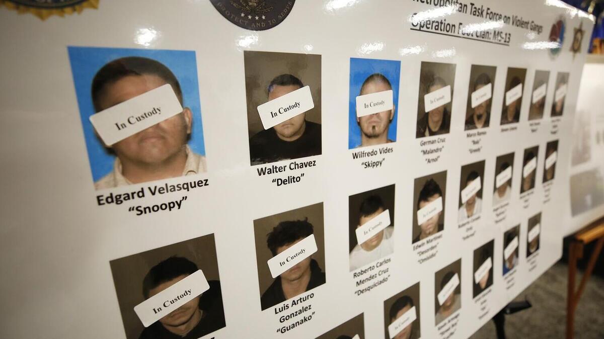 A poster displays the defendants in custody during a July 2019 news conference. (Al Seib/Los Angeles Times/TNS)