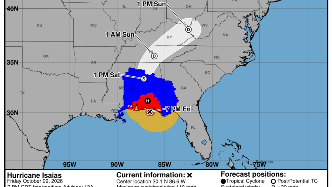 Friday, Oct. 9 update from the National Hurricane Center: Latest on Category 2 Hurricane Isaias 