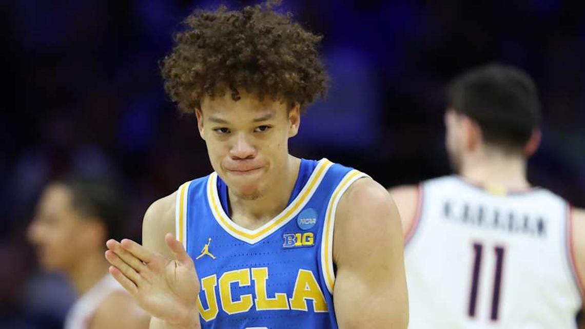  Mar 22, 2026; Philadelphia, PA, USA; UCLA Bruins guard Trent Perry (0) reacts against the UConn Huskies in the first half during a second round game of the men's 2026 NCAA Tournament at Xfinity Mobile Arena. Mandatory Credit: Bill Streicher-Imagn Images | Bill Streicher-Imagn Images 