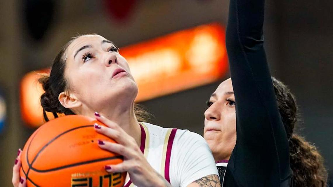  Florida State Seminoles center Pania Davis (24) looks to shoot as Missouri State Bears forward Maiesha Washington (15) guards her during the first quarter of the GEICO Coconut Hoops Tournament Great Egret Division game at Alico Arena on Fort Myers, Fla., on Friday, Nov. 28, 2025. | Jonah Hinebaugh/Naples Daily News/USA Today Network-Florida / USA TODAY NETWORK via Imagn Images 