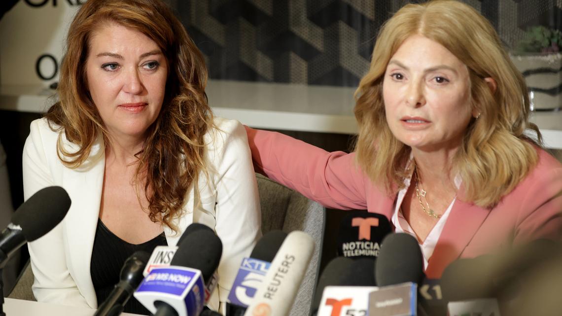 Lonna Drewes, left, shown with attorney Lisa Bloom, during a news briefing on Tuesday, April 14, 2026, detailed a 2018 encounter with Rep. Eric Swalwell, D-Calif. (Myung J. Chun/Los Angeles Times/TNS)