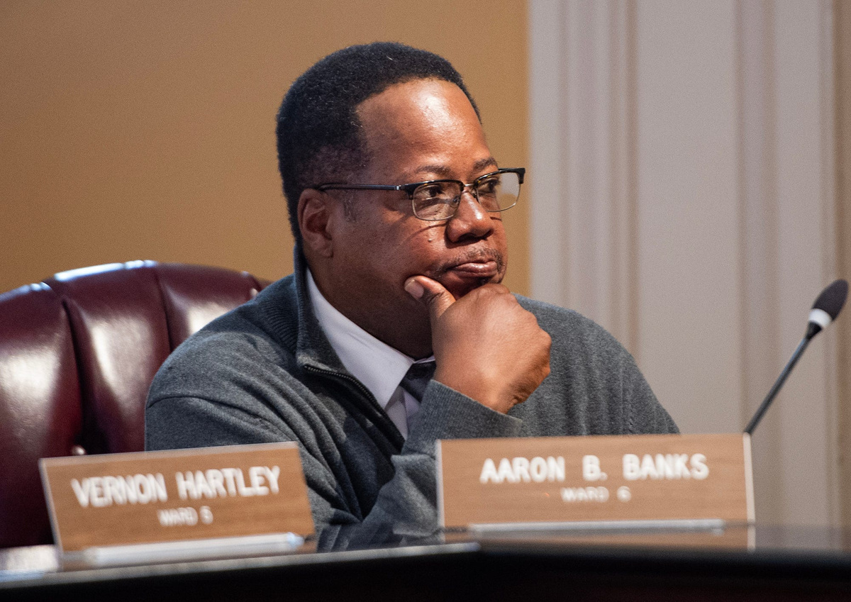 Former Jackson City Councilman Aaron Banks listens during a meeting of the Jackson City Council in Jackson, Miss., on Tuesday, Feb. 11, 2025.