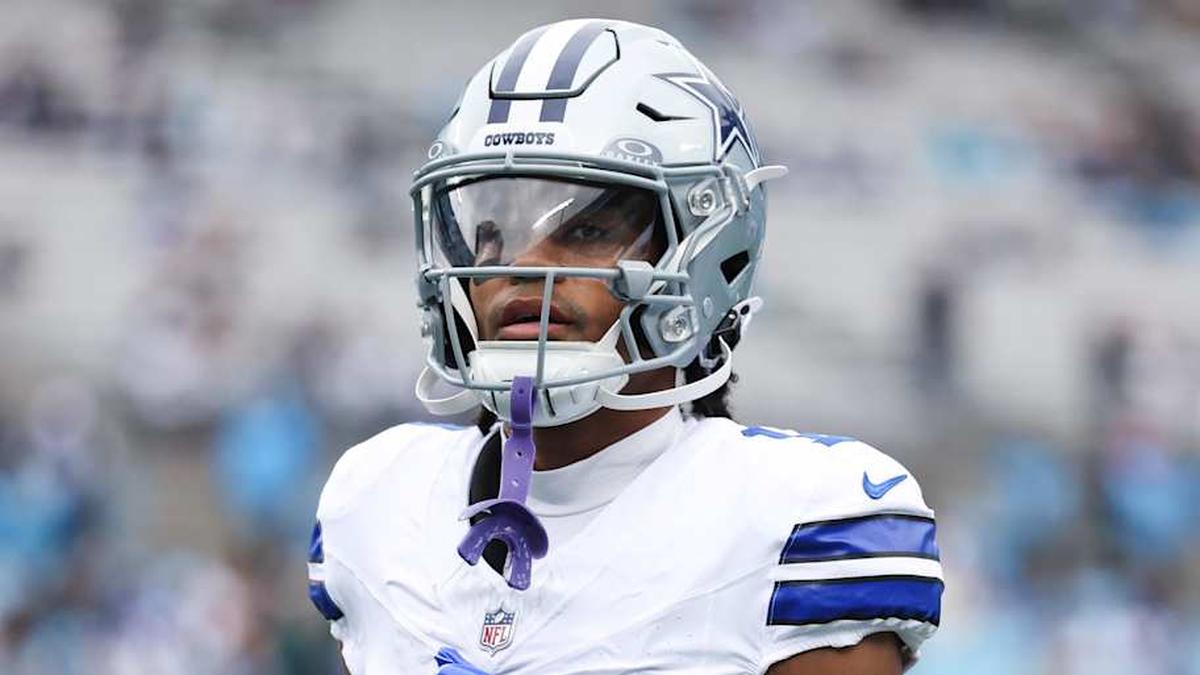  Oct 12, 2025; Charlotte, North Carolina, USA; Dallas Cowboys wide receiver Jalen Tolbert (1) looks on prior to the game against the Carolina Panthers at Bank of America Stadium. Mandatory Credit: Cory Knowlton-Imagn Images | Cory Knowlton-Imagn Images 