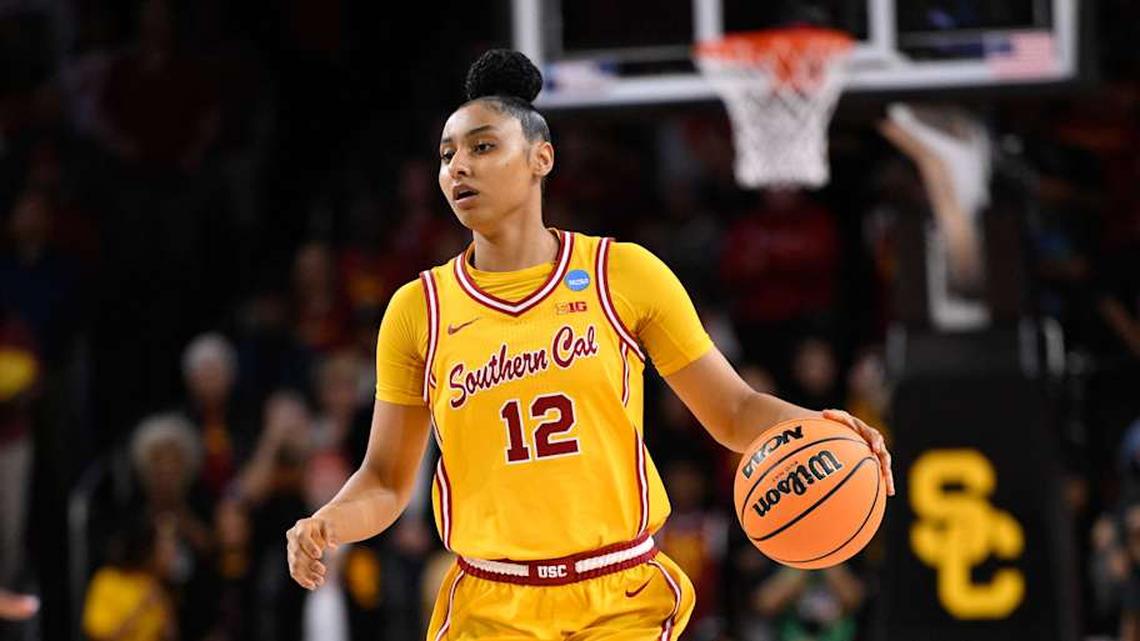  Mar 24, 2025; Los Angeles, California, USA; USC Trojans guard JuJu Watkins (12) during an NCAA Tournament second round game against the Mississippi State Bulldogs at Galen Center. Mandatory Credit: Robert Hanashiro-Imagn Images | Robert Hanashiro-Imagn Images 