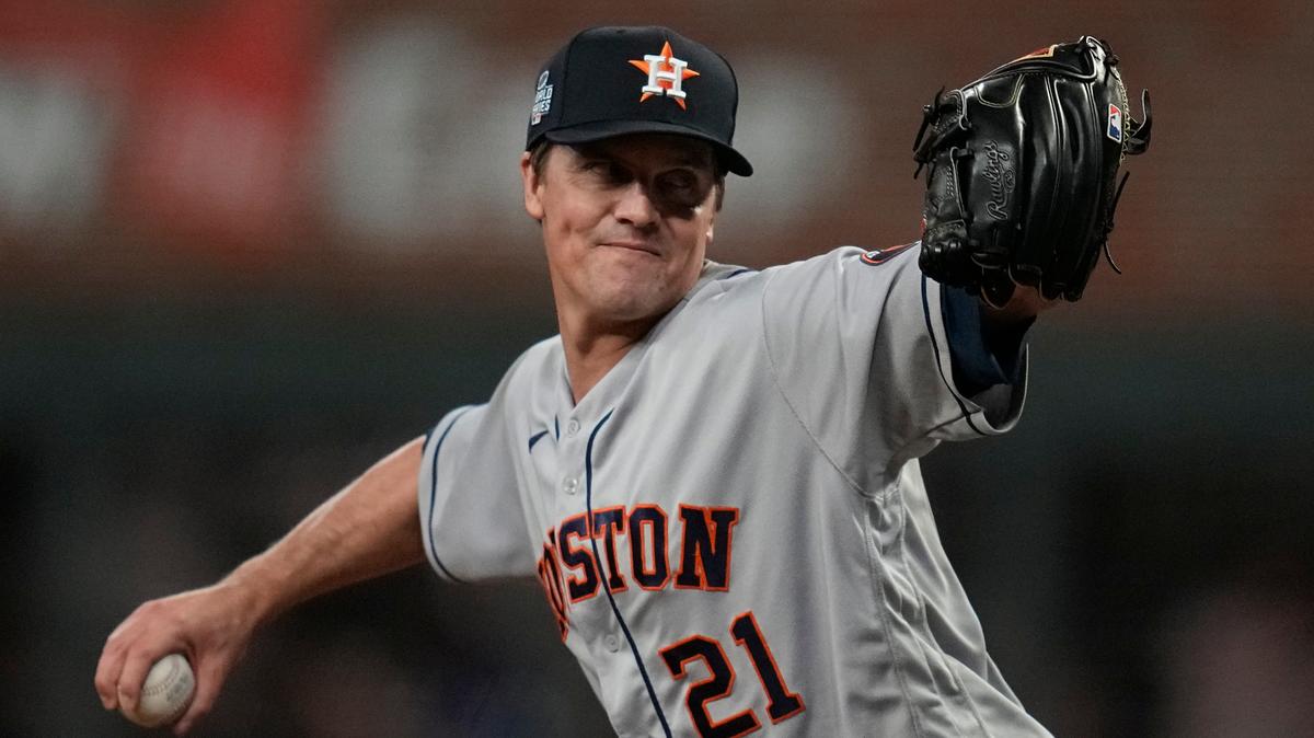Houston Astros starting pitcher Zack Greinke throws during the first inning in Game 4 of baseball’s World Series between the Houston Astros and the Atlanta Braves Saturday, Oct. 30, 2021, in Atlanta.(AP Photo/Ashley Landis)
