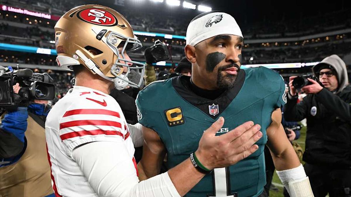  Jan 11, 2026; Philadelphia, PA, USA; San Francisco 49ers quarterback Brock Purdy (13) speaks with Philadelphia Eagles quarterback Jalen Hurts (1) after an NFC Wild Card Round game at Lincoln Financial Field. Mandatory Credit: Eric Hartline-Imagn Images | Eric Hartline-Imagn Images 