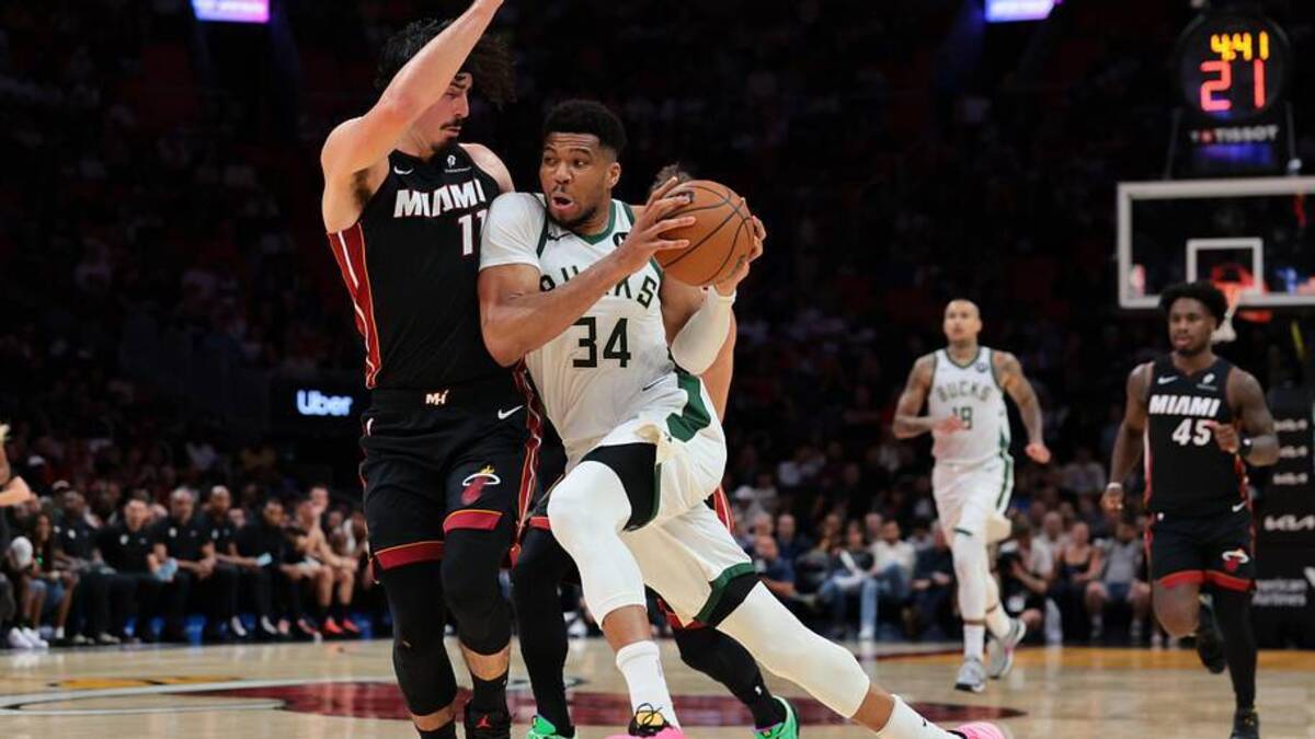  Mar 12, 2026; Miami, Florida, USA; Milwaukee Bucks forward Giannis Antetokounmpo (34) drives to the basket against Miami Heat forward Jaime Jaquez Jr. (11) during the second quarter at Kaseya Center. Mandatory Credit: Sam Navarro-Imagn Images | Sam Navarro-Imagn Images 