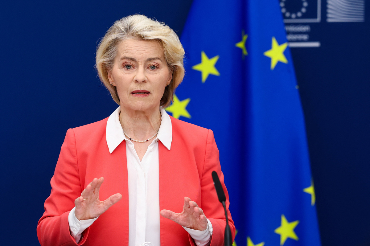 European Commission President Ursula von der Leyen speaks during a press briefing on the report on children's safety online, in Brussels, Belgium July 13, 2026. REUTERS/Yves Herman