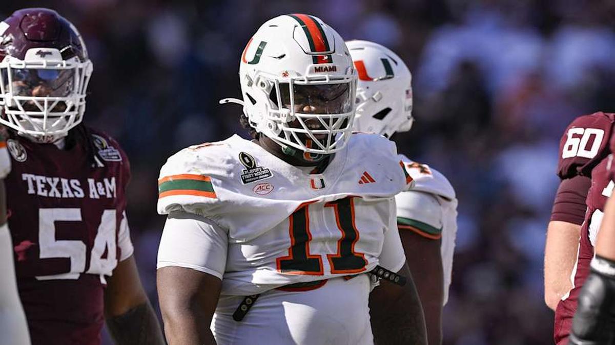  Dec 20, 2025; College Station, TX, USA; Miami Hurricanes defensive lineman David Blay Jr. (11) looks on during the game between the Aggies and the Hurricanes at Kyle Field. Mandatory Credit: Jerome Miron-Imagn Images | Jerome Miron-Imagn Images 