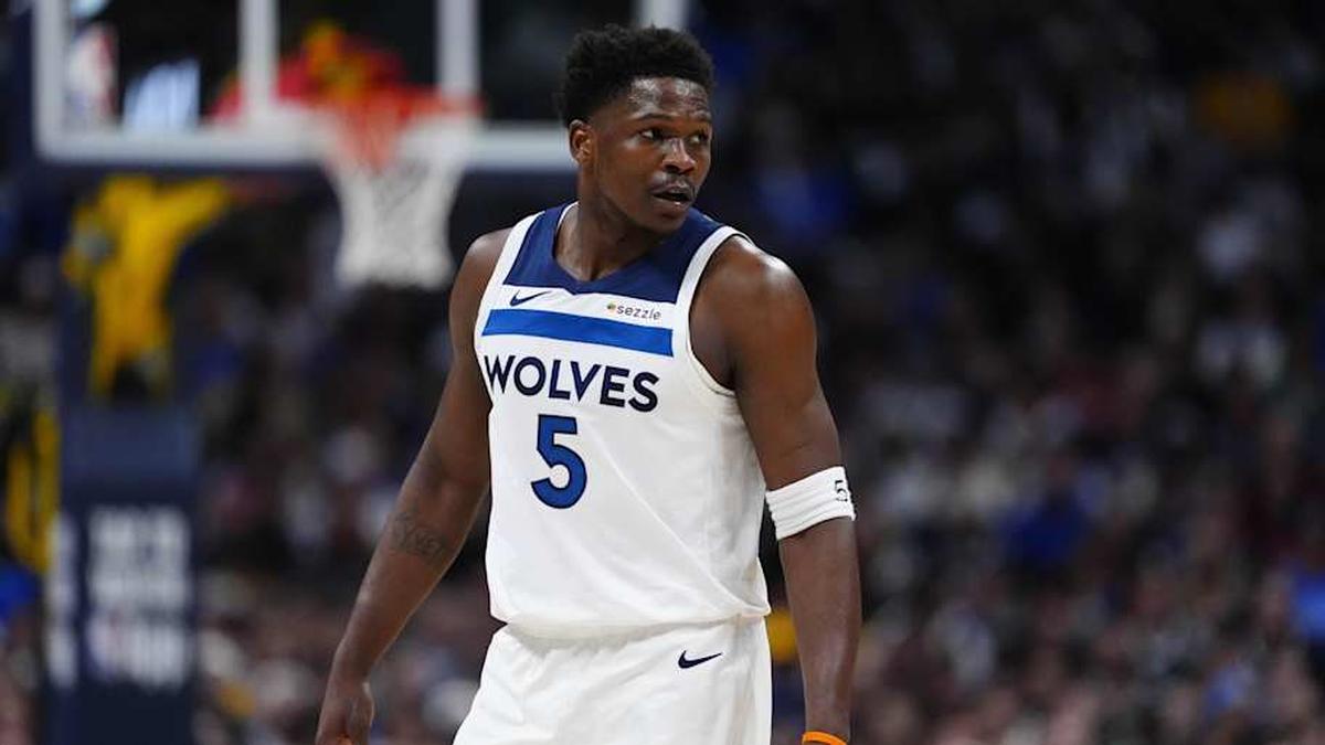  Apr 20, 2026; Denver, Colorado, USA; Minnesota Timberwolves guard Anthony Edwards (5) during the first quarter against the Denver Nuggets during game two of the first round of the 2026 NBA Playoffs at Ball Arena. | Ron Chenoy-Imagn Images 
