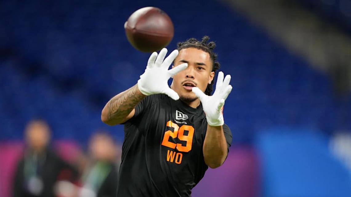  Feb 28, 2026; Indianapolis, IN, USA; Southern California wideout Makai Lemon (WO29) during the NFL Scouting Combine at Lucas Oil Stadium. | Kirby Lee-Imagn Images 