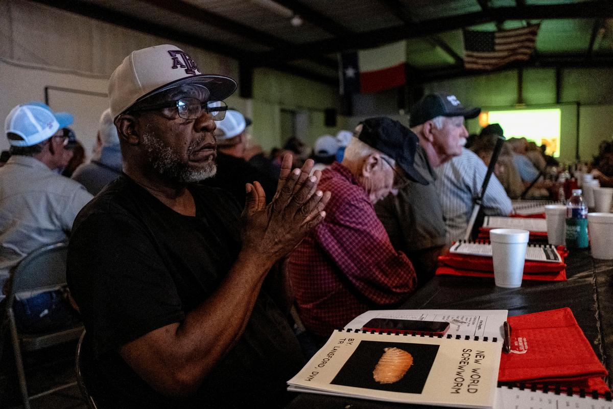 Cattle ranchers attend a presentation on the threat of the New World Screwworm during the Fayette County Cow/Calf Clinic and Trade Show in La Grange, Texas, U.S., May 1, 2026.  REUTERS/Joel Angel Juarez