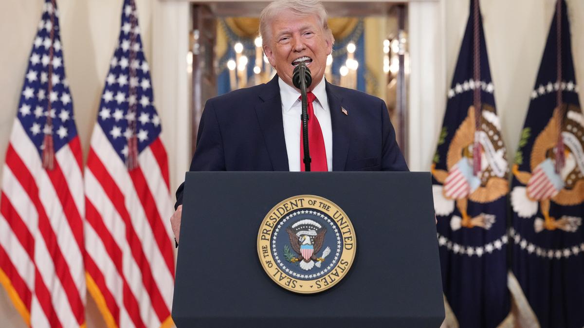 U.S. President Donald Trump speaks from the Cross Hall of the White House on Wednesday, April 1, 2026, in Washington, D.C. (Alex Brandon/Pool/Getty Images/TNS)